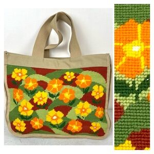 70s Needlepoint Tote Bag Orange Yellow Flowers